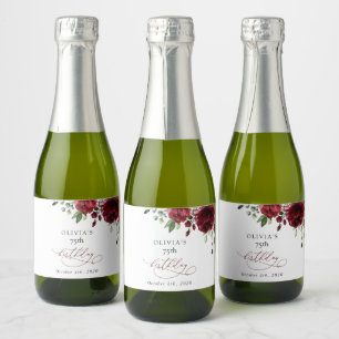 Burgundy Flowers, Red Flowers, Greenery, Birthday Sparkling Wine Label