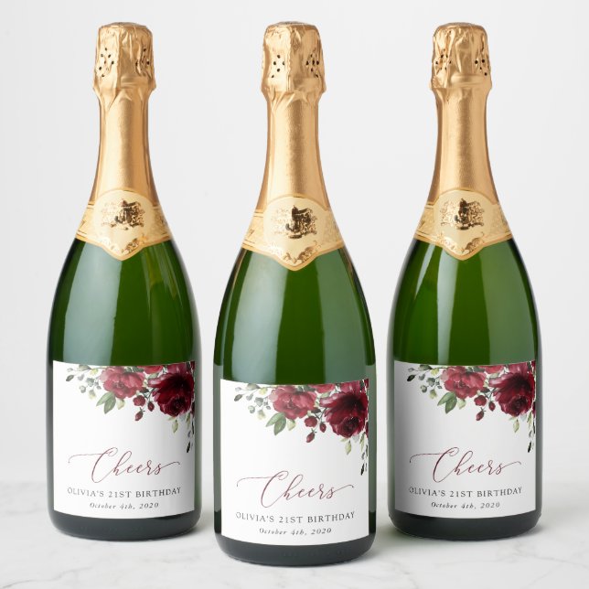 Burgundy Flowers, Red Flowers, Greenery, Birthday Sparkling Wine Label (Bottles)