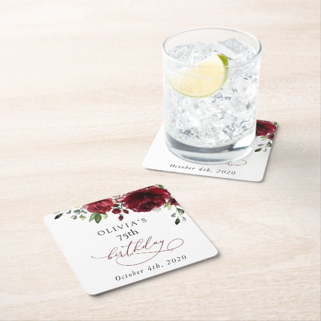 Burgundy Flowers, Red Flowers, Greenery, Birthday Square Paper Coaster (Insitu)
