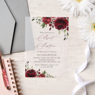 Burgundy Flowers, Red Flowers, Greenery, Sweet 16 Vellum Invitations