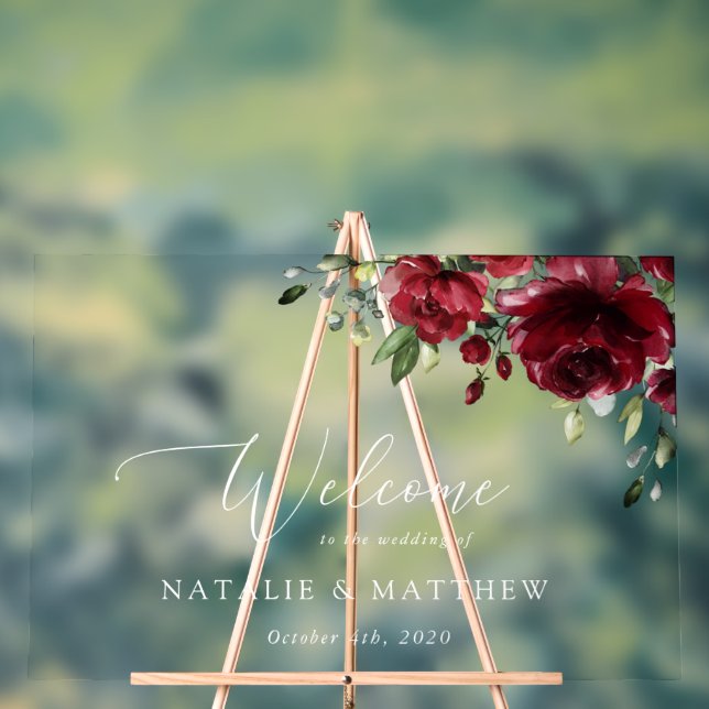 Burgundy Flowers, Red Flowers, Wedding Welcome Acrylic Sign (Neutral)