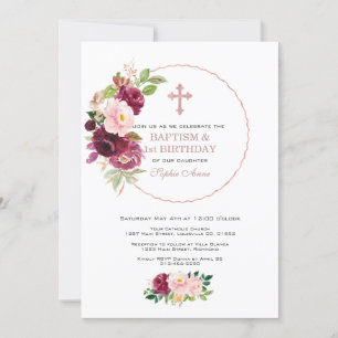 Burgundy Flowers Rose Gold 1st Birthday & Baptism Invitation