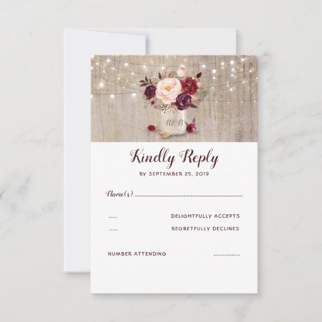 Burgundy Flowers Rustic RSVP Card (Front)