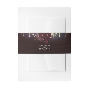 Burgundy Flowers Rustic String Lights Wedding Invitation Belly Band