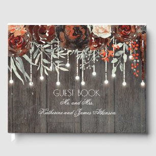 Burgundy Flowers Rustic String Lights Wood Guest Book