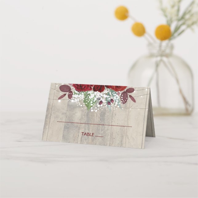 Burgundy Flowers Rustic Wood Wedding Place Card (Front)