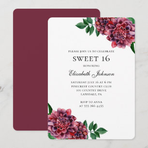 Burgundy flowers sweet 16. Floral 16th birthday Invitation