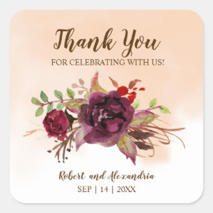 Burgundy Flowers Thank You for Coming Wedding Square Sticker