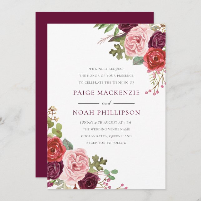 Burgundy Flowers Tropical Elegant Wedding Invite (Front/Back)