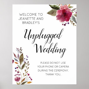 Burgundy Flowers Unplugged Wedding Ceremony Poster