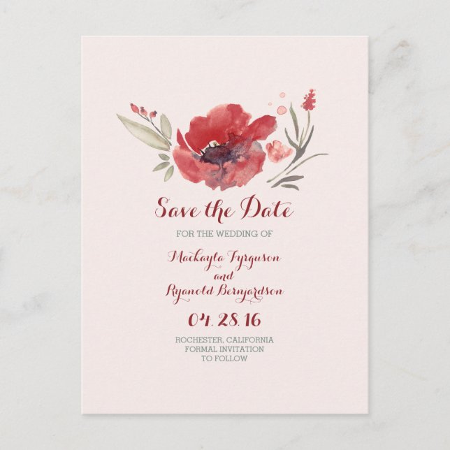 burgundy flowers watercolor save the date announcement postcard (Front)