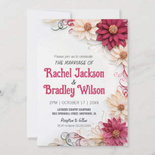 Burgundy Flowers Wedding Paper Quilling Simulated  Invitation