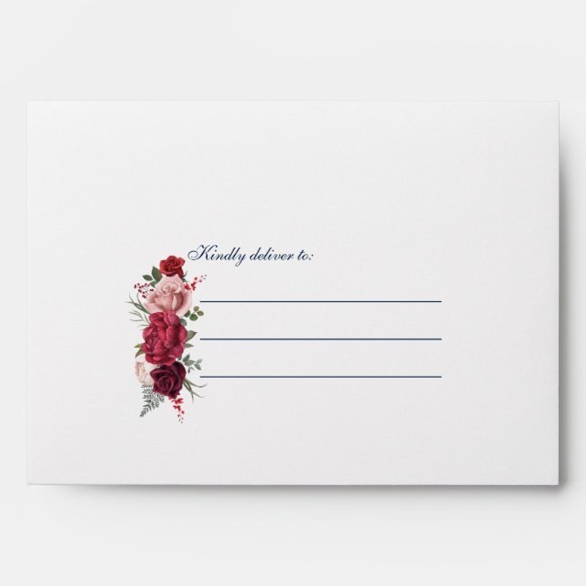 Burgundy Flowers Wedding Script Envelope (Front)