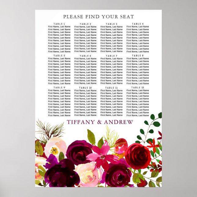 Burgundy Flowers Wedding Seating Chart 12 Table (Front)