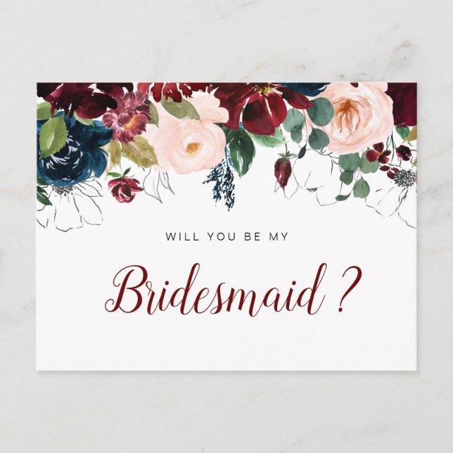 burgundy flowers will you be my Bridesmaid card (Front)