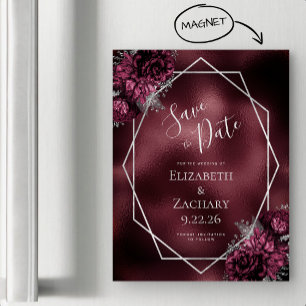 Burgundy Foil Floral Silver Wedding Save the Date Magnetic Invitation