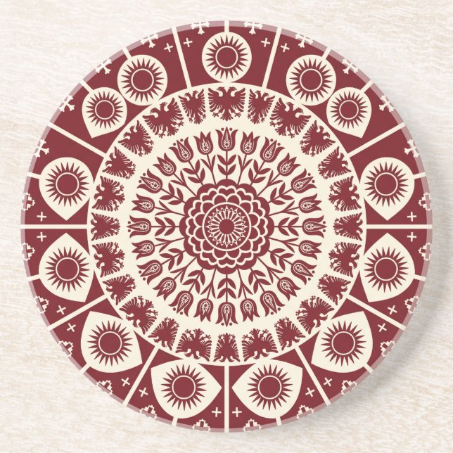 Burgundy Folk Art Eagle Mandala Coaster (Front)