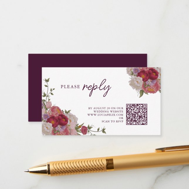 Burgundy Forest Flower And Leaves Wedding RSVP Enclosure Card (Front/Back In Situ)