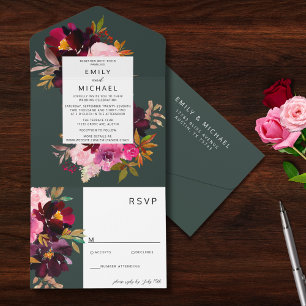 Burgundy Forest Green Blush Floral Watercolor All In One Invitation