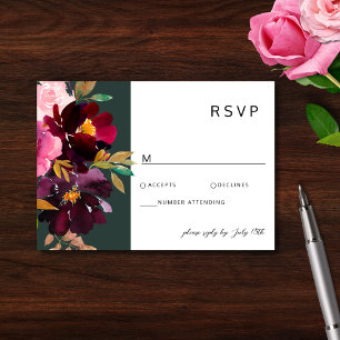 Burgundy Forest Green Blush Floral Watercolor RSVP Card