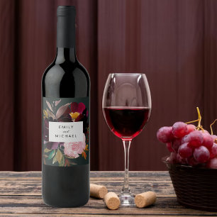Burgundy Forest Green Blush Floral Watercolor Wine Label