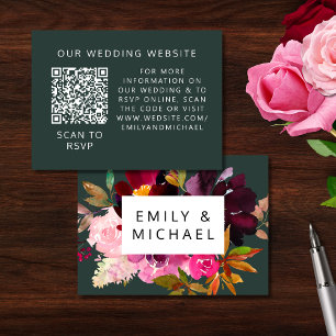 Burgundy Forest Green Blush Floral Wedding Web QR Enclosure Card