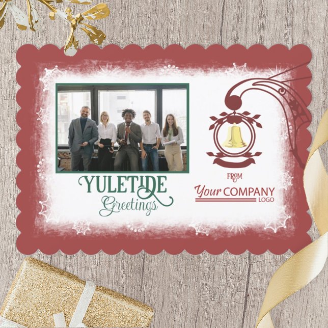 Burgundy, Forest Green, Gold Bell Christmas Holiday Card (burgundy red company holiday greetings card, red business logo, elegant green script, gold bell)