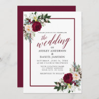 Burgundy Frame Floral Greenery Calligraphy Wedding