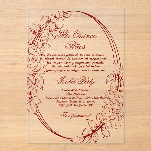 Burgundy frame Spanish Quinceanera Acrylic Invitations