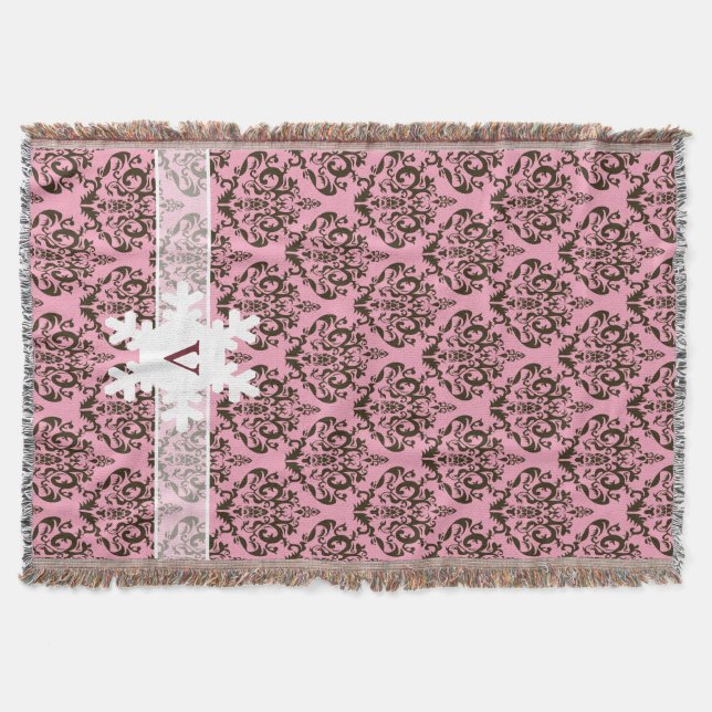 Burgundy Frosted Orchid Damask with Snowflake Throw Blanket (Front)