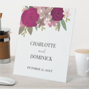 Burgundy Garden Flowers Wedding Pedestal Sign