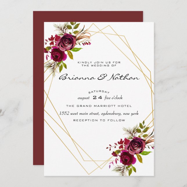 Burgundy Geometric Wedding Invitation (Front/Back)