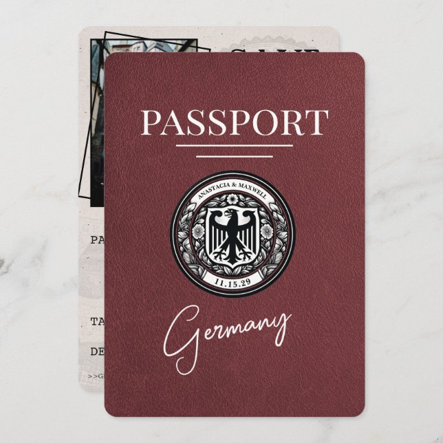 Burgundy Germany Passport Save The Date (Front/Back)