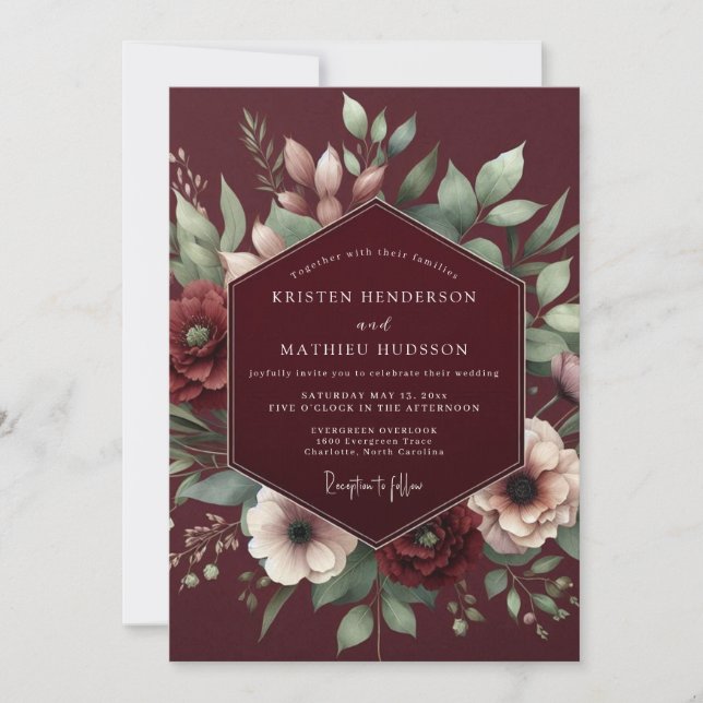 Burgundy Gilded Blossom Romance Wedding Invitation (Front)
