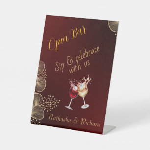 Burgundy & Gilded Floral Elegant Wedding Open Bar Pedestal Sign