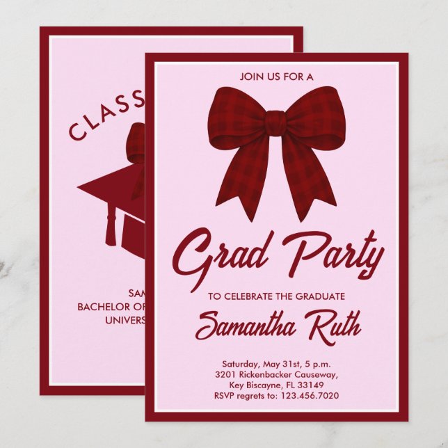 Burgundy Gingham Bow Graduation Party Invitation (Front/Back)