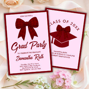 Burgundy Gingham Bow Graduation Party Invitation