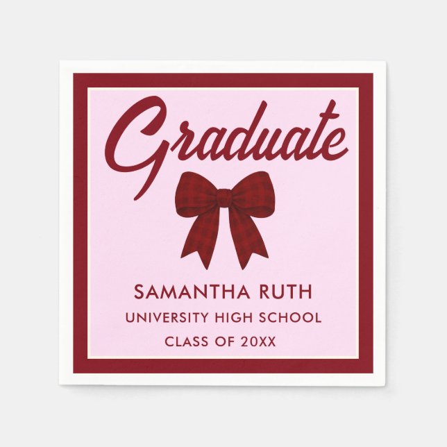 Burgundy Gingham Bow Graduation Party Napkin (Front)
