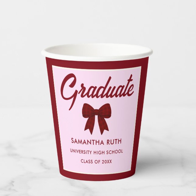Burgundy Gingham Bow Graduation Party Paper Cups (Front)