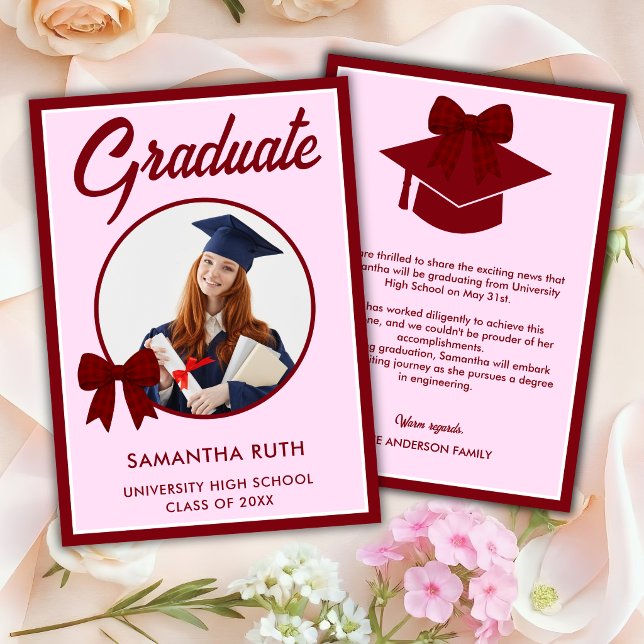 Burgundy Gingham Bow Photo Graduation Announcement (Creator Uploaded)