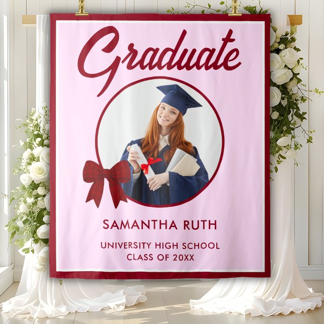 Burgundy Gingham Bow Photo Graduation Backdrop Tapestry (Creator Uploaded)