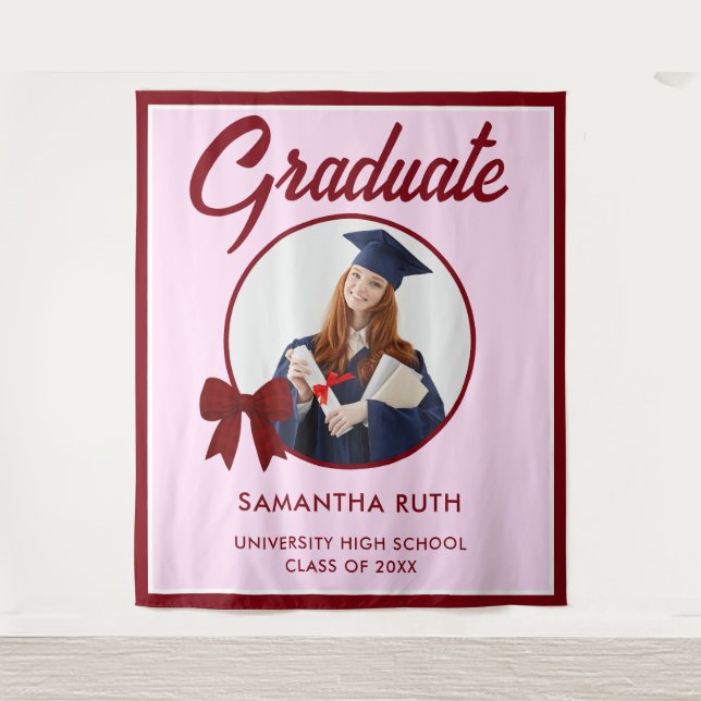 Burgundy Gingham Bow Photo Graduation Backdrop Tapestry (Front)