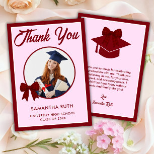 Burgundy Gingham Bow Photo Graduation Thank You Card