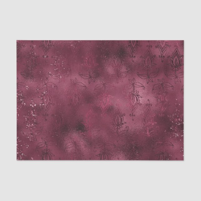 Burgundy Glam Foil Glitter Damask Tissue Paper (Front)