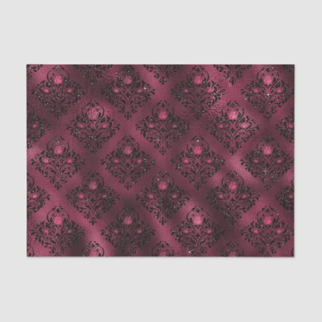 Burgundy Glam Foil Glitter Damask Tissue Paper (Front)