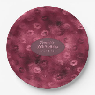 Burgundy Glam Foil Glitter Lips Paper Plate