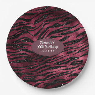 Burgundy Glam Foil Glitter Tiger Stripes Paper Plate