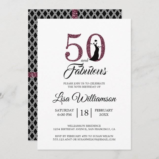 Burgundy Glitter 50 Fabulous 50th Birthday Party Invitation (Front/Back)