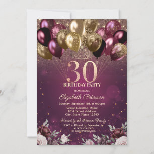 Burgundy Glitter Balloons Flowers 30th Birthday  Invitation