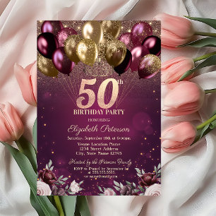 Burgundy Glitter Balloons Flowers 50th Birthday  Invitation